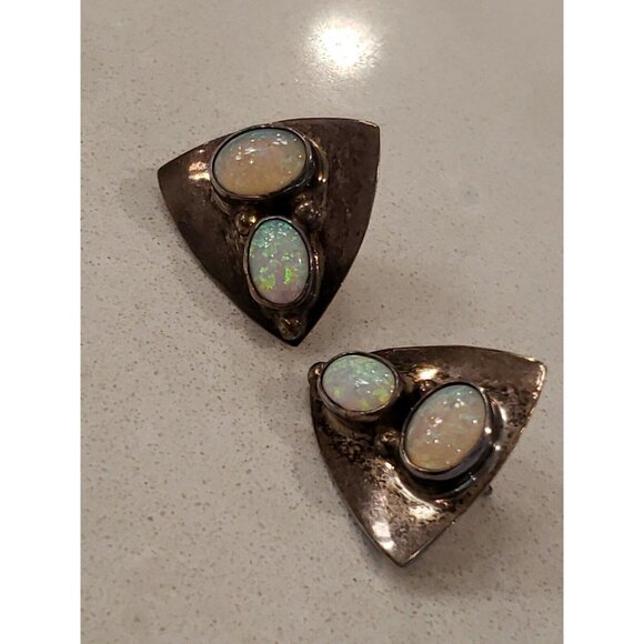 Midcentury Design Earrings Sterling Silver with Natural White Opal
